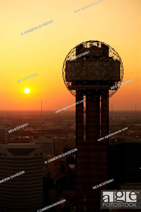 USA, Texas, Dallas, Aerial photograph of the Reunion Tower at sunrise ...