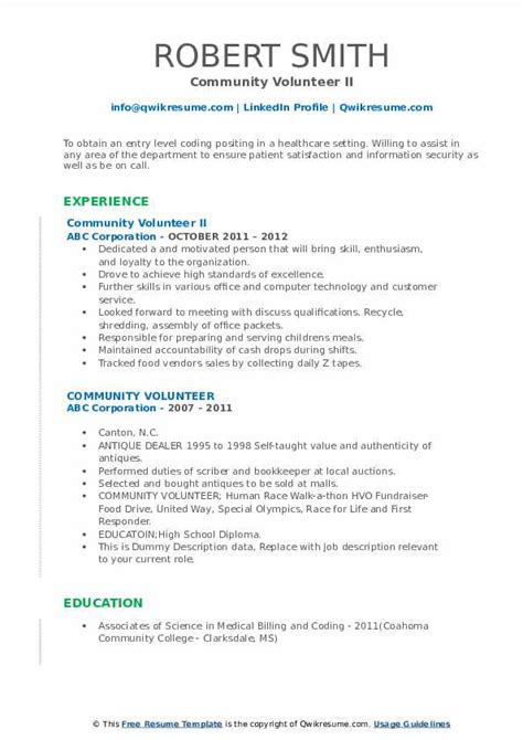 Community Volunteer Resume Samples | QwikResume