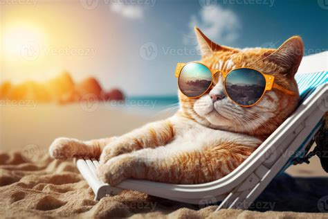 Cat with sunglasses chilling on the beach. Vacation, holiday mood ...