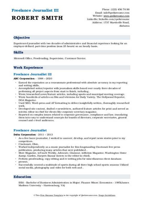 Freelance Journalist Resume Samples | QwikResume