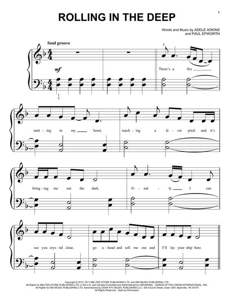 Rolling In The Deep by Adele Sheet Music for Big Note Piano at Sheet ...