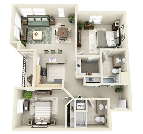 20 Awesome 3D Apartment Plans With Two Bedrooms - Part 2