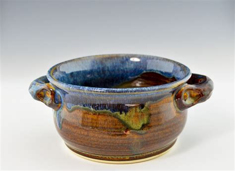 Handmade Stoneware Chili / Soup Bowl w Handles, Blue Brown Glaze, 20 oz ...