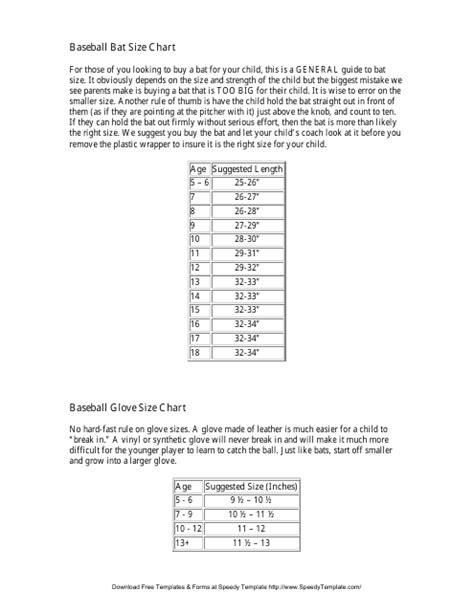 Baseball Bat & Glove Size Chart Download Printable PDF | Templateroller