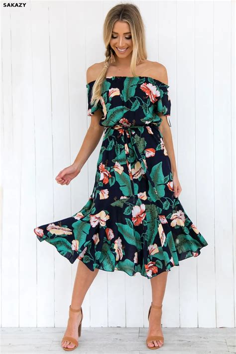 2019 Summer Maxi Dress Tropical Print Short Sleeve Beach Dresswomen One Shoulder Vacation ...