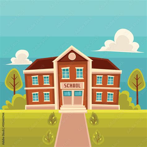 School building cartoon vector illustration on landscape background ...