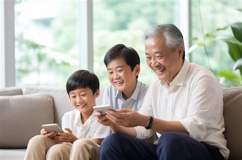 Premium Photo | Happy old man and family using smartphone after retired