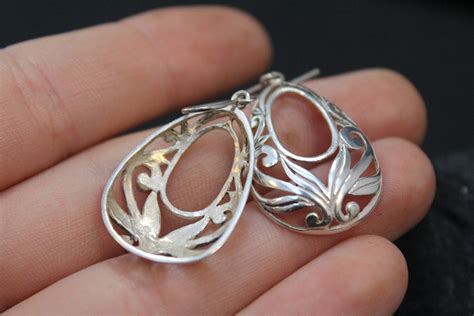 Sterling Silver Filigree Dangle Earrings, Cut Out Sterling Teardrop ...