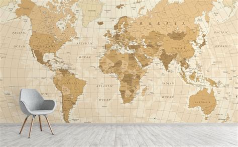 Stereographic projection modern sepia world map wall mural | Across the Globe