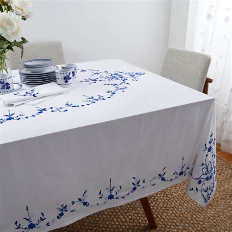 Blue and White Floral Tablecloth: Florentina Hand Embroidery