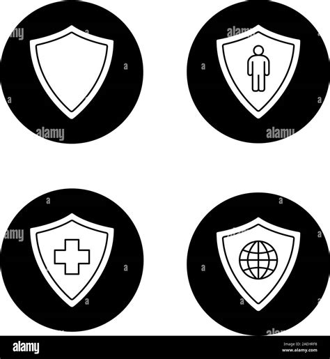 Protection shields icons set. Medical insurance, bodyguard, network security. Vector white ...