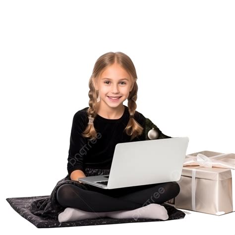Beautiful Girl With Laptop Sitting On Floor Near Christmas Tree, Using ...