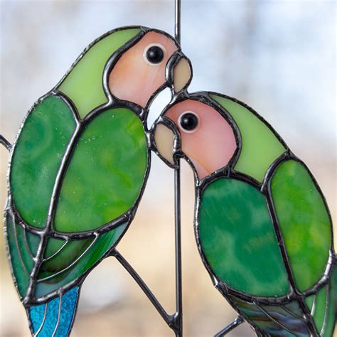 Stained glass lovebirds on the branch suncatcher for window decoration