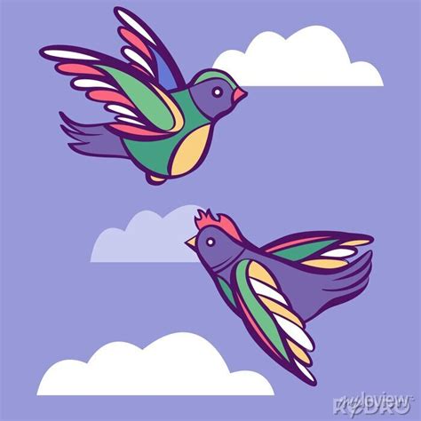 Couple of cute cartoon birds in sky with clouds • wall stickers wing, wild, white | myloview.com