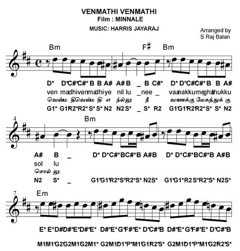 BOLLYWOOD SHEET MUSIC: Tamil Song Piano Notes Venmathi Venmathi Minnale