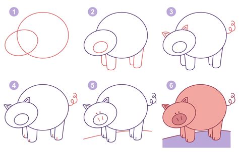 Instructions for drawing cute pig. Follow step by step. Worksheet for ...