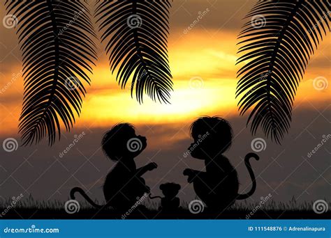 Monkeys Silhouette at Sunset Stock Illustration - Illustration of ...