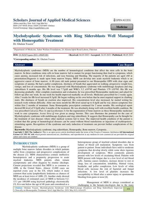 (PDF) Myelodysplastic Syndrome with Multi-Lineage Dysplasia and Ring Sideroblasts Improved ...