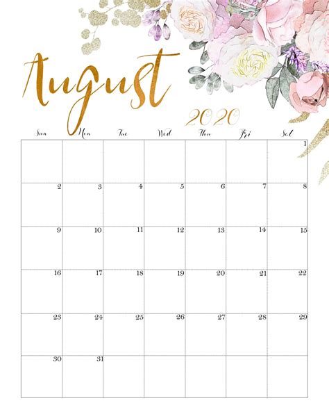 the august calendar with watercolor flowers and gold foil lettering on it, is shown