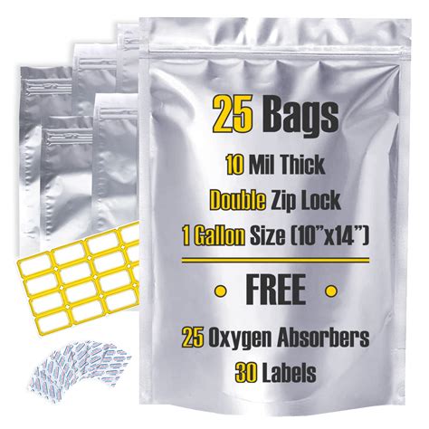 Buy 10 Mil Thick 1 Gallon Double Ziplock 25 Pcs Mylar bags with Oxygen ...