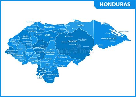 The Detailed Map of Honduras with Regions or States and Cities, Capital ...