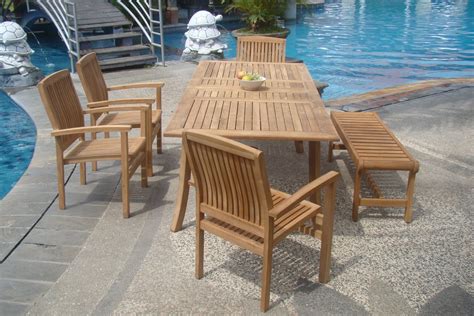 WholesaleTeak 7 Piece Grade-A Teak Outdoor Dining Set with Bench and Stackable Chairs - Patio Table