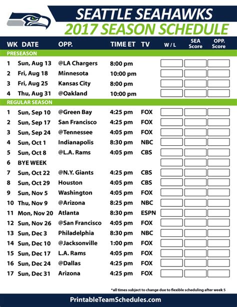 Seattle Seahawks Schedule Printable