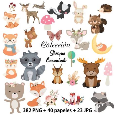 Kit Colección Cliparts + Papeles Animales del Bosque Encantado - Wook ...