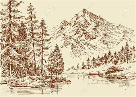 Alpine Landscape, River And Pine Forest Sketch Royalty Free Cliparts, Vectors, And Stock ...