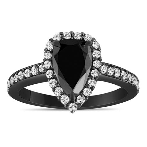 1.75 Carat Pear Shaped Black Diamond Engagement Ring, Black Diamond Wedding Ring, Halo Vintage ...