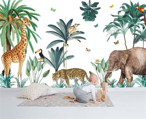 Tropical Jungle Wallpaper, Jungle Wall mural, Safari Animals Wall décor, Giraffe and Elephant ...