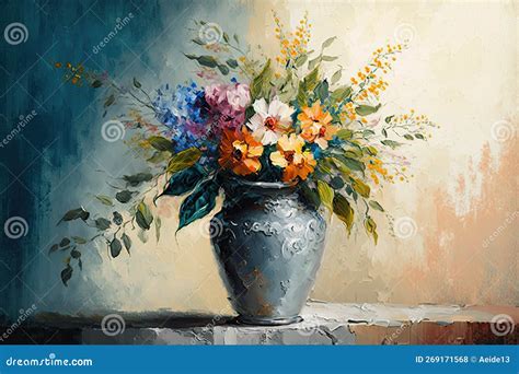 Still Life Bouquet of Colorful Flowers in a Vase. Impressionist Vintage Oil Painting of ...