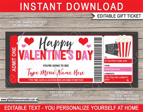 Valentines Day Movie Ticket Template | Family Movie Night Gift Voucher