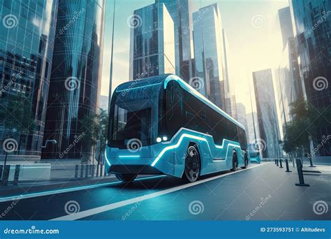 Futuristic Electric Bus Driving through Futuristic City with Towering ...