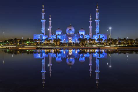 Download United Arab Emirates Night Building Reflection Religious Mosque HD Wallpaper