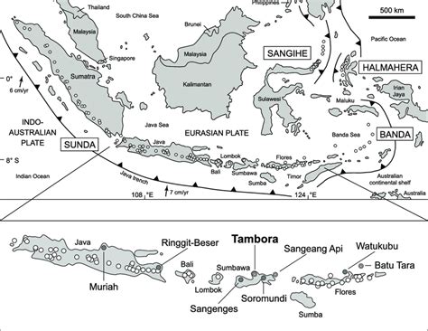 Map of the Indonesian volcanic arc system, showing the general tectonic... | Download Scientific ...