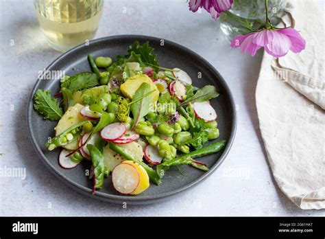 Healthy salad with potato, broad beans and summer salad leaves Stock ...