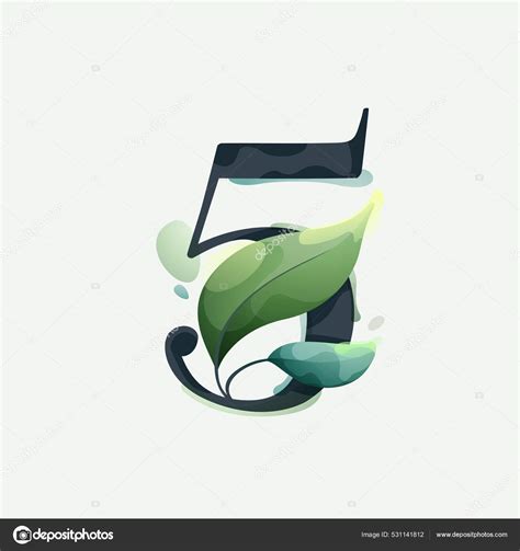 Number Five Logo Green Leaves Clear Vector Watercolor Style Serif Stock ...