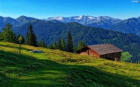 Mountains, house, Meadow, woods - For desktop wallpapers: 2560x1600