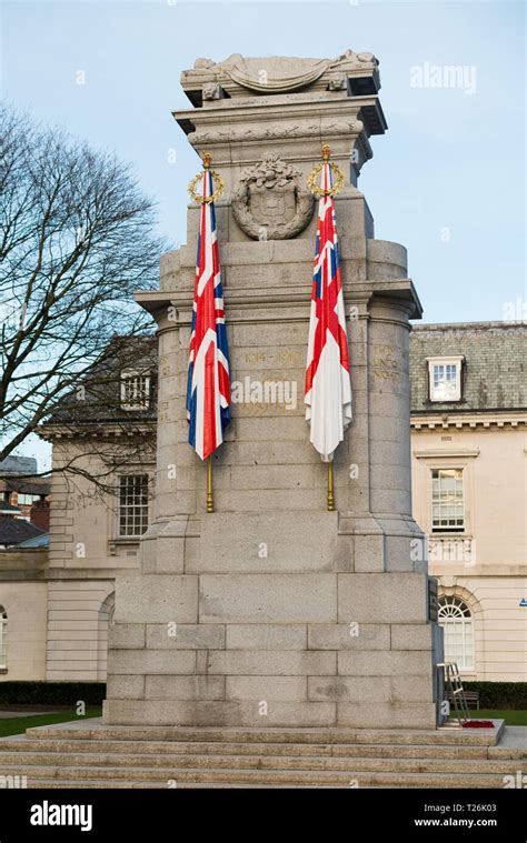 The Rochdale Cenotaph war memorial (with carved stone flags) designed by the architect Sir Edwin ...