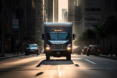 Premium AI Image | A blue delivery truck driving down a city street ...