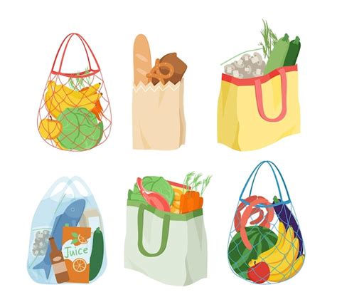 Premium Vector | Cartoon eco reusable paper or plastic bags with healthy fresh goods isolated on ...