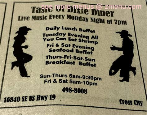 Menu at Taste of Dixie Diner restaurant, Cross City