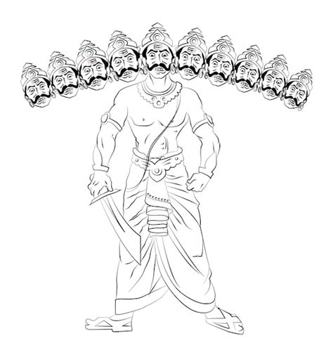 Premium Vector | Vector Illustration of Ravana with 10 heads Line drawing