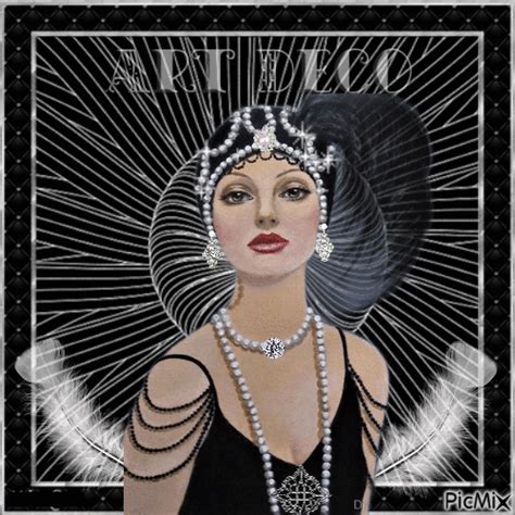a woman with pearls on her head wearing a black dress and tiara, standing in front of an art ...