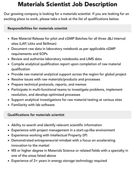 Materials Scientist Job Description | Velvet Jobs