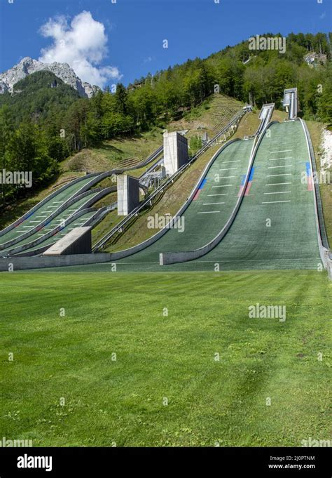 Planica Ski jumping hills in the summer. The Planica Nordic Centre. Julian Alps. Slovenia ...