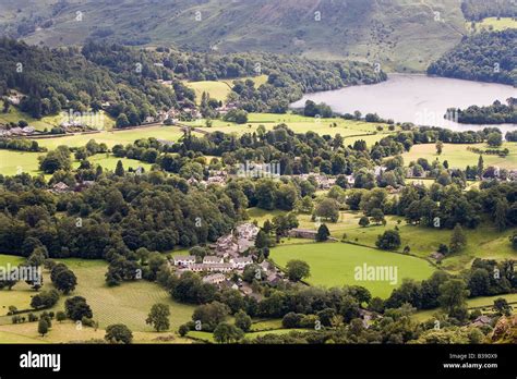 Grasmere village in the Lake District national park seen from the summit of Helm Crag The ...