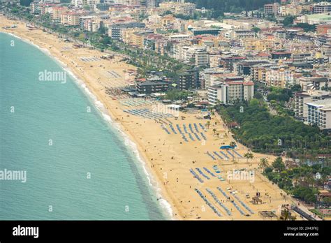 View of Cleopatra beach in Alanya, one of the touristic districts of Antalya, from Alanya Castle ...