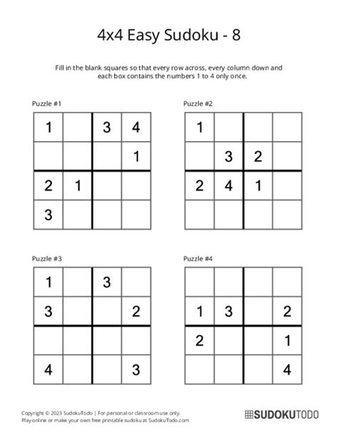 4x4 Easy Sudoku Puzzles Printable